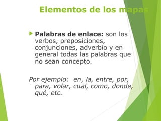 Elementos de los mapas
 Palabras de enlace: son los
verbos, preposiciones,
conjunciones, adverbio y en
general todas las palabras que
no sean concepto.
Por ejemplo: en, la, entre, por,
para, volar, cual, como, donde,
qué, etc.
 