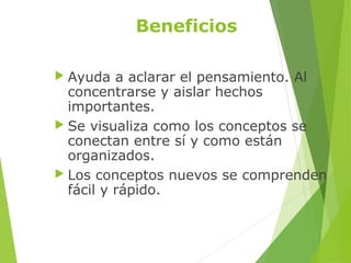 Beneficios
 Ayuda a aclarar el pensamiento. Al
concentrarse y aislar hechos
importantes.
 Se visualiza como los conceptos se
conectan entre sí y como están
organizados.
 Los conceptos nuevos se comprenden
fácil y rápido.
 