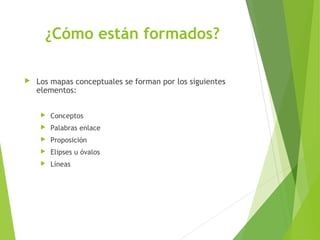 ¿Cómo están formados?
 Los mapas conceptuales se forman por los siguientes
elementos:
 Conceptos
 Palabras enlace
 Proposición
 Elipses u óvalos
 Líneas
 