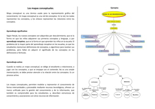 Los mapas conceptuales
Mapa conceptual es una técnica usada para la representación gráfica del
conocimiento. Un mapa conceptual es una red de conceptos. En la red, los nodos
representan los conceptos, y los enlaces representan las relaciones entre los
conceptos.
Aprendizaje significativo
Según Novak, los nuevos conceptos son adquiridos por descubrimiento, que es la
forma en que los niños adquieren sus primeros conceptos y lenguaje, o por
aprendizaje receptivo, que es la forma en que aprenden los niños en la escuela. El
problema de la mayor parte del aprendizaje receptivo en las escuelas, es que los
estudiantes memorizan definiciones de conceptos, o algoritmos para resolver sus
problemas, pero fallan en adquirir el significado de los conceptos en las
definiciones o fórmulas.
Aprendizaje activo
Cuando se realiza un mapa conceptual, se obliga al estudiante a relacionarse, a
jugar con los conceptos, a que se empape con el contenido. No es una simple
memorización; se debe prestar atención a la relación entre los conceptos. Es un
proceso activo.
Los mapas conceptuales, permiten modelar y representar el conocimiento de
forma intercambiable y procesable mediante recursos tecnológicos; ofrecen un
marco unificado para la gestión del conocimiento y de la información, que
también es comprensible para los estudiantes; y, describen estructuras de
conocimiento y asociaciones con otros recursos de información.
Ejemplos
 