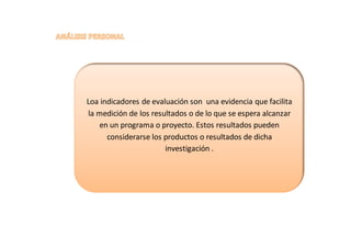 Loa indicadores de evaluación son una evidencia que facilita
la medición de los resultados o de lo que se espera alcanzar
en un programa o proyecto. Estos resultados pueden
considerarse los productos o resultados de dicha
investigación .
 