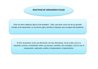 REACTIVOS DE VERDADERO O FALSO
Entre los ítems objetivos figura el de verdadero - falso, que tiene como una de sus grandes
virtudes la de representar en una forma ágil y sencilla la respuesta que se espera del estudiante.
El ítem se presenta como una afirmación con dos alternativas, de las cuales una es la
respuesta correcta, el estudiante utiliza sus procesos mentales más complejos, como lo son la
comprensión, aplicación, análisis e interpretación al desarrollarlos.
 