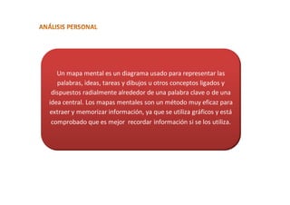 Un mapa mental es un diagrama usado para representar las
palabras, ideas, tareas y dibujos u otros conceptos ligados y
dispuestos radialmente alrededor de una palabra clave o de una
idea central. Los mapas mentales son un método muy eficaz para
extraer y memorizar información, ya que se utiliza gráficos y está
comprobado que es mejor recordar información si se los utiliza.
 