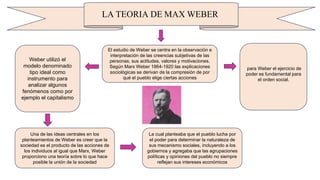 Weber utilizó el
modelo denominado
tipo ideal como
instrumento para
analizar algunos
fenómenos como por
ejemplo el capitalismo
El estudio de Weber se centra en la observación e
interpretación de las creencias subjetivas de las
personas, sus actitudes, valores y motivaciones.
Según Marx Weber 1864-1920 las explicaciones
sociológicas se derivan de la compresión de por
qué el pueblo elige ciertas acciones
Una de las ideas centrales en los
planteamientos de Weber es creer que la
sociedad es el producto de las acciones de
los individuos al igual que Marx, Weber
proporciono una teoría sobre lo que hace
posible la unión de la sociedad
La cual planteaba que el pueblo lucha por
el poder para determinar la naturaleza de
sus mecanismo sociales, incluyendo a los
gobiernos y agregaba que las agrupaciones
políticas y opiniones del pueblo no siempre
reflejan sus intereses económicos
LATEORIADEMAXWEBER
para Weber el ejercicio de
poder es fundamental para
el orden social.
 