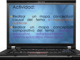 Actividad: 
Realizar un mapa conceptual 
causal del tema « inseguridad 
pública» 
Realizar un mapa conceptual 
comparativo del tema «sistema 
educativo estadounidense vs 
sistema educativo mexicano» 
