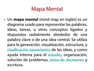 Mapa MentalUn mapa mental (mind map en inglés) es un diagrama usado para representar las palabras, ideas, tareas, u otros conceptos ligados y dispuestos radialmente alrededor de una palabra clave o de una idea central. Se utiliza para la generación, visualización, estructura, y clasificación taxonómica de las ideas, y como ayuda interna para el estudio, organización, solución de problemas, toma de decisiones y escritura.
