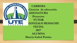 CARRERA
Ciencias de educación
ASIGNATURA
Proyectos
TUTOR
GONZALO REMACHE
FECHA
2017
ALUMNA
Marcia Isabel Punina
 