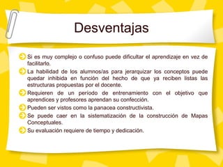 Desventajas
Si es muy complejo o confuso puede dificultar el aprendizaje en vez de
facilitarlo.
La habilidad de los alumnos/as para jerarquizar los conceptos puede
quedar inhibida en función del hecho de que ya reciben listas las
estructuras propuestas por el docente.
Requieren de un período de entrenamiento con el objetivo que
aprendices y profesores aprendan su confección.
Pueden ser vistos como la panacea constructivista.
Se puede caer en la sistematización de la construcción de Mapas
Conceptuales.
Su evaluación requiere de tiempo y dedicación.
 