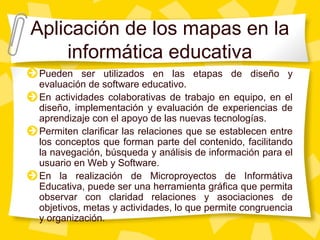 Aplicación de los mapas en la
informática educativa
Pueden ser utilizados en las etapas de diseño y
evaluación de software educativo.
En actividades colaborativas de trabajo en equipo, en el
diseño, implementación y evaluación de experiencias de
aprendizaje con el apoyo de las nuevas tecnologías.
Permiten clarificar las relaciones que se establecen entre
los conceptos que forman parte del contenido, facilitando
la navegación, búsqueda y análisis de información para el
usuario en Web y Software.
En la realización de Microproyectos de Informátiva
Educativa, puede ser una herramienta gráfica que permita
observar con claridad relaciones y asociaciones de
objetivos, metas y actividades, lo que permite congruencia
y organización.
 