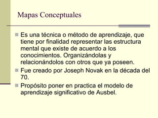 Es una técnica o método de aprendizaje, que tiene por finalidad representar las estructura mental que existe de acuerdo a los conocimientos. Organizándolas y relacionándolos con otros que ya poseen. Fue creado por Joseph Novak en la década del 70. Propósito poner en practica el modelo de aprendizaje significativo de Ausbel. Mapas Conceptuales 