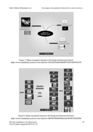 Julio Cabero Almenara et al. Los mapas conceptuales interactivos como recursos…
 
Revista Complutense de Educación 61
Vol. 26 Núm. Especial (2015) 51-76  
Figura 7. Mapa conceptual interactivo del Grado de Educación Social:
http://www.mindomo.com/es/view.htm?m=4c5d3203ab8240e8b75ef91d3819c559
Figura 8. Mapa conceptual interactivo del Grado de Educación Primaria:
http://www.mindomo.com/es/view.htm?m=bb930790e09448c2a5963f831b422f64 
 