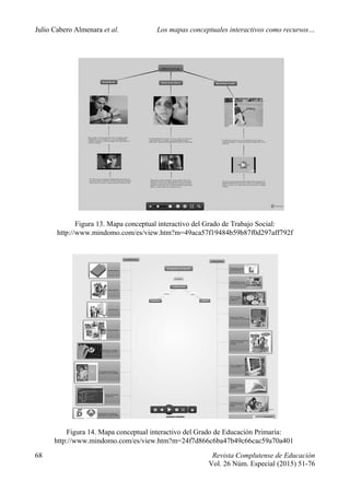 Julio Cabero Almenara et al. Los mapas conceptuales interactivos como recursos…
68 Revista Complutense de Educación
Vol. 26 Núm. Especial (2015) 51-76
 
 
Figura 13. Mapa conceptual interactivo del Grado de Trabajo Social:
http://www.mindomo.com/es/view.htm?m=49aca57f19484b59b87f0d297aff792f
 
 
Figura 14. Mapa conceptual interactivo del Grado de Educación Primaria:
http://www.mindomo.com/es/view.htm?m=24f7d866c6ba47b49c66cac59a70a401
 