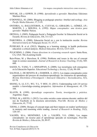 Julio Cabero Almenara et al. Los mapas conceptuales interactivos como recursos…
 
Revista Complutense de Educación 75
Vol. 26 Núm. Especial (2015) 51-76  
NOVAK, J.D. y GOWIN, D. (1988). Aprendiendo a aprender. Barcelona: Ediciones
Martínez Roca.
O’DONNELL, M. (2006). Blogging as pedagogic practice: Artefact and ecology. Asia
Pacific Media Educator, 17, 5-19.
ONTORIA, A.; BALLESTEROS, A.; CUEVAS, G.; GIRALDO, L.; GÓMEZ, J.P.;
MARTIN, I. y MOLINA, A. (1992). Mapas conceptuales: una técnica para
aprender. Madrid: Narcea.
ORTEGA, J. (2005). Pedagogía Social y Pedagogía Escolar: la Educación Social en la
Escuela. Revista de Educación, 336, 111-127.
PARCERISA, A. (2008). Educación Social en y con la institución escolar. Revista
Interuniversitaria de Pedagogía Social, 15, 15-27.
PUDELKO, B. et al. (2012). Mapping as a learning strategy in health professions
education: a critical analysis. Medical Education, 46 (12), 1215-1225.
PULICHINO, J. (2006). Future directions in e-Learning research report. Santa Rosa,
CA, USA: The eLearning Guild.
Ruiz-Primo, M. y Shavelson, R. (1996). Problems and issues in the use of concept
maps in science assessment. Journal of Research in Science Teaching, 33 (6), 569-
600.
SAEED, N.; YANG, Y. y SINNAPPAN, S. (2009). Las tecnologías web emergentes
en la Educación Superior. Educational Technology y Society, 12 (4), 98-109.
SALINAS, J.; DE BENITO, B. y DARDER, A. (2011). Los mapas conceptuales como
organizadores del proceso de enseñanza-aprendizaje: los itinerarios de aprendizaje.
Revista Electrònica d’Investigació i Innovació Educativa i Socioeducativa, 3(1),
63-74.
SHANG, S.; LI, E.Y.; WU, Y.L. Y HOU, O. (2011). Understanding web 2.0 service
models: a knowledge-creating perspective. Information & Management, 48, 178-
184.
SLAVIN, R. (1999). Aprendizaje cooperativo. Teoría, investigación y práctica.
Argentina: Aique.
TÚÑEZ, M. y SIXTO, J. (2012). Las redes sociales como entorno docente: análisis del
uso de Facebook en la docencia universitaria. Píxel-Bit. Revista de Medios y
Educación, 41, 77-92.
TZENG, J. (2009). Designs of concept maps and their impacts on readers' performance
in memory and reasoning while reading. Journal of Research in Reading, 33(2),
128-147.
VALDÉS, M.A.; MENÉNDEZ, L.M. y VALDÉS, V.G. (2006). Los mapas
conceptuales: un recurso para el aprendizaje apoyado en tecnologías. Píxel-Bit.
Revista de Medios y Educación, 28, 89-97.
 