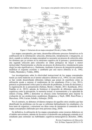 Julio Cabero Almenara et al. Los mapas conceptuales interactivos como recursos…
54 Revista Complutense de Educación
Vol. 26 Núm. Especial (2015) 51-76
Figura 1. Estructura de un mapa conceptual (Novak y Cañas, 2008)
Los mapas conceptuales, por tanto, desarrollan diferentes procesos formativos en la
codificación de la información: selección, abstracción, interpretación e integración, es
decir, cuando se realiza un mapa conceptual es necesario un proceso de selección entre
los términos que ya existen en la estructura cognitiva de la persona y posteriormente
una segunda selección para colocarlos en orden jerárquico de mayor a menor
inclusividad. Posteriormente se efectúa un proceso de abstracción e interpretación para
elegir los más significativos y, finalmente, mediante el proceso de integración podemos
modificar el esquema existente o cambiarlo por uno nuevo (Ontoria et al., 1992;
Valdés, Menéndez y Valdés, 2006).
Las investigaciones sobre la efectividad instruccional de los mapas conceptuales
tienen ya cierta tradición en el terreno educativo (Horton et al., 1993). En este sentido,
se han venido desarrollando diferentes trabajos que ponen de manifiesto cómo su
utilización ayuda a mejorar el rendimiento de los estudiantes (Yen y Lee, 2011),
potencia su pensamiento crítico para la selección de problemas, la toma de decisiones y
la organización de su pensamiento (Salinas, Benito y Darder, 2011; Karabacak, 2012;
Pudelko et al., 2012); además de fortalecer el desarrollo de diferentes operaciones
cognitivas como la percepción, la memoria textual, el razonamiento y la capacidad de
síntesis (Tzeng, 2009) y demostrar su eficacia como herramientas para mejorar la
evaluación de sus producciones académicas (Keppensa y Hayb, 2008; Ruiz-Primo y
Shavelson, 1996; Lucian, Schalk y Schruijer, 2010).
Por el contrario, no debemos olvidarnos tampoco de aquellos otros estudios que han
identificado los problemas con los que se enfrentan habitualmente los estudiantes a la
hora tanto de organizar y estructurar sus ideas como de interpretar el contenido de los
mapas conceptuales elaborados por otras personas (Jang, 2010).
En definitiva, la utilización de los mapas conceptuales como recursos didácticos en
el ámbito universitario, además de favorecer el desarrollo una pedagogía centrada en el
estudiante para estimular sus habilidades cognitivas-metacognitivas (Kinchin, 2000),
 