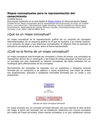 Mapas conceptuales para la representación del
conocimiento
Cristòfol Rovira
Documento publicado en el aula digital el Master Online en Documentación Digital
Cristòfol Rovira. Mapas conceptuales para la representación del conocimiento [en línea]. En Cristòfol
Rovira; Lluís Codina (dir.). Documentación digital. Barcelona: Sección Científica de Ciencias de la
Documentación. Departamento de Ciencias Políticas y Sociales. Universidad Pompeu Fabra, 2003.
[Consulta: 6 oct. 2004]. ISBN 84-88042-39-6.


¿Qué es un mapa conceptual?
Un mapa conceptual es la representación gráfica de un conjunto de conceptos
interrelacionados. Es un esquema gráfico en el que se muestra, o se intenta mostrar,
a un conjunto de ideas y sus relaciones conceptuales. El objetivo final es expresar la
estructura conceptual de su autor sobre el tema representado.

¿Cuál es la forma de un mapa conceptual?
Un mapa conceptual está formado por conceptos y frases de enlace. Los conceptos se
representan dentro de un rectángulo y las frases de enlace etiquetan la línea que une
un concepto con otro mostrando su relación conceptual. No están rodeadas con un
rectángulo para diferenciarlas de los conceptos.

Normalmente los conceptos se expresan con un sustantivo o sintagma nominal
formado por un sustantivo y un adjetivo o varios sustantivos. Las frases de enlace
son preposiciones, artículos o sintagmas nominales formados por un verbo y una
preposición.




                                Ejemplo de mapa conceptual elemental

Un mapa empieza con un concepto principal llamado raíz que expresa la idea central
del mapa. A partir del concepto raíz se establecen relaciones con nuevos conceptos
por medio de frases de enlace. Estos nuevos conceptos, a su vez, establecen nuevas
 
