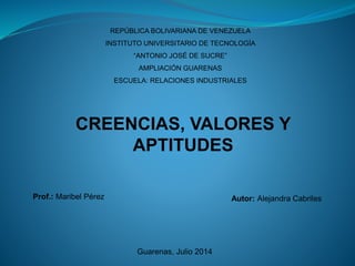 CREENCIAS, VALORES Y
APTITUDES
REPÚBLICA BOLIVARIANA DE VENEZUELA
INSTITUTO UNIVERSITARIO DE TECNOLOGÍA
“ANTONIO JOSÉ DE SUCRE”
AMPLIACIÓN GUARENAS
ESCUELA: RELACIONES INDUSTRIALES
Prof.: Maribel Pérez Autor: Alejandra Cabriles
Guarenas, Julio 2014
 
