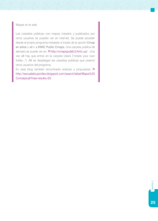 25
capítulo2
Mapas en la web
Las carpetas públicas con mapas creados y publicados por
otros usuarios se pueden ver en internet. Se puede acceder
desde el propio programa instalado a través de la opción Cmap
en sitios y allí ir a IHMC Public Cmaps. Una carpeta pública de
ejemplo se puede ver en: http://cmapspublic3.ihmc.us/. Una
vez allí hay que entrar en la carpeta Users (“create your own
folder...”). Allí se despliegan las carpetas públicas que crearon
otros usuarios del programa.
En este blog también encontrarán enlaces y propuestas:
http://escuelaticyprofes.blogspot.com/search/label/Mapa%20
Conceptual?max-results=20
 