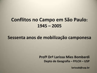 Conflitos no Campo em São Paulo:
1945 – 2005

Sessenta anos de mobilização camponesa

Profª Drª Larissa Mies Bombardi
Depto de Geografia – FFLCH – USP
larissab@usp.br

 