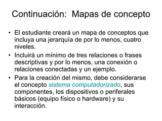 Continuación:  Mapas de concepto El estudiante creará un mapa de conceptos que incluya una jerarquía de por lo menos, cuatro niveles. Incluirá un mínimo de tres relaciones o frases descriptivas y por lo menos, una  conexión o relaciones conectadas y un ejemplo. Para la creación del mismo, debe considerarse el concepto  sistema computadorizado , sus componentes, los dispositivos o periferales básicos (equipo físico o hardware) y su interacción.  