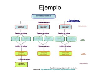 Ejemplo Mapa Conceptual jerárquico sobre las plantas.   CRÉDITOS:  http://www.eduteka.org/modulos.php?catx=4&idSubX=88 Palabra de enlace CONCEPTO  PRINCIPAL CONCEPTO PRINCIPAL CONCEPTO PRINCIPAL 1 ° NIVEL  JERARQUÍA Palabra de enlace Palabra de enlace Palabra de enlace CONCEPTO SECUND. CONCEPTO SECUND. CONCEPTO SECUND. CONCEPTO SECUND. CONCEPTO SECUND. CONCEPTO SECUND. 2° NIVEL JERARQUÍA Palabra de enlace Palabra de enlace Palabra de enlace CONCEPTO ESPECÍFICO CONCEPTO ESPECÍFICO CONCEPTO ESPECÍFICO 3° NIVEL JERARQUÍA Palabra de enlace EJEMPLO ESPECÍFICO 4° NIVEL JERARQUÍA Palabras conectoras CONCEPTO CENTRAL 