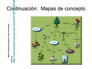 Continuación:  Mapas de concepto Mapa Conceptual jerárquico sobre las plantas.   CRÉDITOS: http://www.eduteka.org/modulos.php?catx=4&idSubX=88 