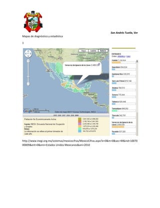 Mapas de diagnóstico y estadística<br />1<br />http://www.inegi.org.mx/sistemas/mexicocifras/MexicoCifras.aspx?e=0&m=0&sec=M&ind=1007000009&ent=0&enn=Estados Unidos Mexicanos&ani=2010<br />2<br />http://sigsalud.insp.mx/atlas2003/atlas2003.php<br />3<br />http://sigsalud.insp.mx/atlas2003/atlas2003.php<br />