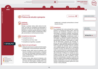 LÍNGUA PORTUGUESA
MAPAS DE FOCO
DA BNCC
108
4º
ANO
HABILIDADES
DO
MESMO
ANO
Campo de atuação:
Classificação: AF CONHECIMENTO PRÉVIO
LEGENDA
LEITURA/ESCUTA
PRODUÇÃO TEXTUAL
ORALIDADE
PROGRESSÃO ENTRE ANOS
3º 5º
2º
1º
HABILIDADES
RELACIONADAS
EF04LP21
Habilidade:
EF04LP21
Planejar e produzir textos sobre temas de inte-
resse, com base em resultados de observações e
pesquisas em fontes de informações impressas ou
eletrônicas, incluindo, quando pertinente, imagens
e gráﬁcos ou tabelas simples, considerando a situa-
ção comunicativa e o tema/assunto do texto.
Competências relacionadas:
y Competência Geral: 2
y Competências da Área: 2 e 3
y Competências Específicas: 3, 5 e 10
Objetivos de aprendizagem:
y Utilizar ferramentas de curadoria de informações,
considerando o tema previamente selecionado.
y Planejar textos sobre temas de interesse, com
base em resultados de observações e pesquisas
em fontes de informações (impressas ou eletrô-
nicas), considerando a situação comunicativa e o
tema/assunto do texto.
y Produzir textos sobre temas de interesse, com
base em resultados de observações e pesquisas
em fontes de informações, considerando o uso
de recursos multissemióticos (tabelas, gráficos,
Práticas de estudo e pesquisa
quadros etc.), a situação comunicativa e o tema/
assunto do texto.
Comentários:
Essa habilidade tem como principal foco o plane-
jamento e a produção de textos sobre temas de
interesse dos estudantes, atrelados à busca de
informações e pesquisas confiáveis. Recomenda-
-se que seja desenvolvida vinculada às habilidades
EF04LP20 e EF04LP24, considerando, assim, a
exploração e a utilização de textos multissemióti-
cos (tabelas, diagramas e gráﬁcos) como forma de
apresentação de dados e informações em relató-
rios de observação e pesquisa, por exemplo. Es-
pera-se que essa habilidade também possibilite e
qualifique a utilização de ferramentas de curadoria.
Como sugestão de atividade, pode-se promover
uma situação-problema para que os estudantes
escolham os temas de interesse da turma. Desse
modo, é possível favorecer a aquisição de habilida-
des socioemocionais com foco na tomada de deci-
sões embasada no diálogo e no respeito ao outro.
Propõe-se, ainda, que a escrita seja desenvolvida
processualmente, de modo a considerar o plane-
jamento, a textualização, a revisão e a reescrita. Há
ainda, em especial, oportunidade de elaboração de
projeto interdisciplinar com a área de Matemática,
visando à elaboração de tabelas, gráficos etc. para
compor o texto produzido.
EF04LP24 (AC)
3º 5º
MAPAS DE FOCO
ENS. FUNDAMENTAL
4º
EF03LP24
EF04LP20 (AF)
EF04LP12
EF04LP22
EF04LP09
EF04LP11
EF04LP10
EF04LP13
EF04LP14
EF04LP15
EF04LP16
EF04LP17
EF04LP19
EF04LP20
EF04LP25
EF04LP27
EF01LP23 EF02LP23
EF02LP22
EF02LP24
EF03LP25 EF05LP24 MAPA
GERAL
ANOS FINAIS
ANOS INICIAIS 1º 2º 3º 5º 6º 7º 8º 9º
1º-5º 3º-5º
1º-2º
 