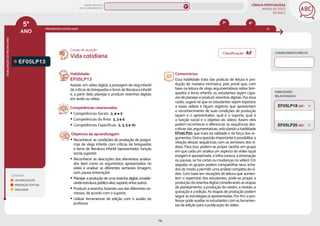 LÍNGUA PORTUGUESA
MAPAS DE FOCO
DA BNCC
115
5º
ANO
HABILIDADES
DO
MESMO
ANO
Campo de atuação:
Classificação: AF CONHECIMENTO PRÉVIO
LEGENDA
LEITURA/ESCUTA
PRODUÇÃO TEXTUAL
ORALIDADE
PROGRESSÃO ENTRE ANOS
3º 4º
HABILIDADES
RELACIONADAS
EF05LP13
Habilidade:
EF05LP13
Assistir, em vídeo digital, a postagem de vlog infantil
de críticas de brinquedos e livros de literatura infantil
e, a partir dele, planejar e produzir resenhas digitais
em áudio ou vídeo.
Competências relacionadas:
y Competências Gerais: 2, 4 e 5
y Competências da Área: 2, 3 e 6
y Competências Específicas: 2, 3, 5 e 10
Objetivos de aprendizagem:
y Reconhecer as condições de produção de progra-
mas de vlogs infantis com críticas de brinquedos
e livros de literatura infantil (apresentador, função
social, suporte).
y Reconhecer as descrições dos elementos analisa-
dos bem como os argumentos apresentados no
vídeo e analisar as diferentes semioses (imagem,
som, pausa, entonação).
y Planejar a produção de uma resenha digital, conside-
randoestrutura,público-alvo,suporte,entreoutros.
y Produzir a resenha, fazendo uso das diferentes se-
mioses, de acordo com o suporte.
y Utilizar ferramentas de edição com o auxílio do
professor
Vida cotidiana
Comentários:
Essa habilidade trata das práticas de leitura e pro-
dução de maneira intrínseca, pois prevê que, com
base na leitura de vlogs argumentativos sobre brin-
quedos e livros infantis, os estudantes sejam capa-
zes de planejar e produzir resenhas digitais. Por essa
razão, sugere-se que os estudantes sejam expostos
a esses vídeos e façam registros que apresentem
o reconhecimento de suas condições de produção
(quem é o apresentador, qual é o suporte, qual é
a função social e o objetivo do vídeo). Assim, eles
podem reconhecer e diferenciar as sequências des-
critivas das argumentativas, articulando a habilidade
EF05LP20, que trata da validade e da força dos ar-
gumentos. Outra questão importante é possibilitar a
relação dessas sequências com as semioses dos ví-
deos. Para isso, podem-se propor tarefas em grupo
em que cada um analisa um aspecto do vídeo (qual
imagem é apresentada, a trilha sonora, a entonação
ou pausas, se há cortes ou mudanças no vídeo). Em
seguida, os grupos podem compartilhar seus acha-
dos de modo a permitir uma análise completa do ví-
deo. Com base em situações de leitura que aumen-
tem o repertório dos estudantes, pode-se propor a
produção da resenha digital considerando as etapas
de planejamento, a produção de roteiro, a revisão, a
gravação e a edição. As etapas de produção podem
seguir as estratégias já apresentadas. Por fim, o pro-
fessor pode auxiliar os estudantes com as ferramen-
tas de edição para a publicação do vídeo.
EF05LP20 (AC)
EF05LP18 (AF)
MAPAS DE FOCO
ENS. FUNDAMENTAL
5º
EF04LP12
EF05LP11
EF05LP09
EF05LP10
EF05LP12
EF05LP14
EF05LP15
EF05LP16
EF05LP17
EF05LP19
EF05LP22
EF05LP25
EF05LP24
EF03LP15 EF04LP13
EF05LP14 (AC)
MAPA
GERAL
ANOS FINAIS
ANOS INICIAIS 1º 2º 3º 4º 6º 7º 8º 9º
1º-5º 3º-5º
1º-2º
 