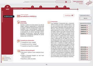 LÍNGUA PORTUGUESA
MAPAS DE FOCO
DA BNCC
165
7º
ANO
HABILIDADES
DO
MESMO
ANO
Campo de atuação:
LEGENDA
LEITURA/ESCUTA
PRODUÇÃO TEXTUAL
ORALIDADE
PROGRESSÃO ENTRE ANOS
8º 9º
6º 7º
HABILIDADES RELACIONADAS
EF67LP08.
Habilidade:
EF67LP08
Identificar os efeitos de sentido devidos à escolha de
imagens estáticas, sequenciação ou sobreposição
de imagens, definição de figura/fundo, ângulo, pro-
fundidade e foco, cores/tonalidades, relação com
o escrito (relações de reiteração, complementação
ou oposição) etc. em notícias, reportagens, fotorre-
portagens, foto-denúncias, memes, gifs, anúncios
publicitários e propagandas publicados em jornais,
revistas, sites na internet etc.
Competências relacionadas:
y Competências Gerais: 2, 4 e 5
y Competências da Área: 2, 3 e 6
y Competências Específicas: 2, 3 e 10
Objetivos de aprendizagem:
y Reconhecer o gênero e suas condições de pro-
dução.
y Analisar as semioses (imagens, cor, som, movi-
mento, entre outros).
y Reconhecer o efeito de sentido.
Jornalístico-midiático
Comentários:
Essa habilidade é fundamental para o desenvolvi-
mento da leitura de textos multissemióticos uma
vez que já apresenta quais aspectos observar nos
gêneros notícia, reportagem, fotorreportagem, foto-
denúncia, meme, gif, anúncio publicitário e propa-
ganda publicados em jornais, revistas e sites. Nes-
se sentido, sugere-se que sejam propostas leituras
de gêneros pouco explorados no contexto escolar,
como memes e gifs, e, progressivamente, os estu-
dantes comecem a analisar textos mais complexos.
Para dar início à análise desses textos, sugere-se
propor a elaboração de uma tabela com os recur-
sos utilizados pelos textos, como apresentados pela
própria habilidade. Assim, definem-se os critérios de
leitura como a “escolha de imagens estáticas, se-
quenciação ou sobreposição de imagens, definição
de figura/fundo, ângulo, profundidade e foco, cores/
tonalidades, relação com o escrito”. Sugere-se, ain-
da, que sejam propostas estações de aprendizagem
com diferentes textos para análise, com o objetivo
de ampliar o repertório dos estudantes. Em seguida,
propõe-sequeosestudantescompartilhemsuaslei-
turas com os demais. Outra sugestão é fazer da lei-
tura desses textos uma atividade permanente para
que os estudantes possam ampliar seu repertório.
CONHECIMENTO PRÉVIO
Não há.
EF69LP04 (EF)
EF69LP05 (EF)
EF69LP02 (EF)
EF69LP32 (EF)
EF69LP31 (EF)
EF07LP14 (AC)
EF07LP09 (AC)
EF07LP10 (AC)
EF07LP08 (AC)
EF07LP11 (AC)
EF07LP12 (AC)
EF07LP13 (AC)
Classificação: AF
MAPAS DE FOCO
ENS. FUNDAMENTAL
7º
EF07LP02
EF07LP01
EF67LP31
EF67LP01
EF67LP03
EF67LP02
EF67LP04
EF67LP06
EF67LP05
EF67LP07
EF67LP09
EF67LP10
EF67LP11
EF67LP12
EF67LP13
EF67LP14
EF67LP16
EF67LP15
EF67LP17
EF67LP21
EF67LP20
EF67LP22
EF67LP25
EF67LP24
EF67LP27
EF67LP29
EF67LP30
EF07LP01 EF08LP01 EF09LP01
EF06LP01
EF67LP06 (AF)
EF67LP01 (AF)
EF67LP03 (AF)
EF67LP04 (AF)
EF67LP05 (AF)
EF07LP02 (AF)
MAPA
GERAL
ANOS FINAIS
ANOS INICIAIS 1º 2º 3º 4º 5º 6º 8º 9º
1º-5º 3º-5º
1º-2º
 