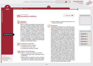 LÍNGUA PORTUGUESA
MAPAS DE FOCO
DA BNCC
178
7º
ANO
HABILIDADES
DO
MESMO
ANO
Campo de atuação:
LEGENDA
LEITURA/ESCUTA
PRODUÇÃO TEXTUAL
ORALIDADE
PROGRESSÃO ENTRE ANOS
EF67LP14.
Habilidade:
EF67LP14
Definir o contexto de produção da entrevista (objeti-
vos, o que se pretende conseguir, porque aquele en-
trevistado etc.), levantar informações sobre o entrevis-
tado e sobre o acontecimento ou tema em questão,
preparar o roteiro de perguntar e realizar entrevista
oral com envolvidos ou especialistas relacionados
com o fato noticiado ou com o tema em pauta, usan-
do roteiro previamente elaborado e formulando ou-
tras perguntas a partir das respostas dadas e, quando
for o caso, selecionar partes, transcrever e proceder
a uma edição escrita do texto, adequando-o a seu
contexto de publicação, à construção composicional
do gênero e garantindo a relevância das informações
mantidas e a continuidade temática.
Competências relacionadas:
y Competências Gerais: 2, 4 e 9
y Competências da Área: 2 e 3
y Competências Específicas: 6, 7 e 8
Objetivos de aprendizagem:
y Definir o contexto de produção da entrevista;
y Pesquisar informações sobre o entrevistado e tema
da entrevista.
y Elaborar roteiro de perguntas e fazer a entrevista
oral, gravada ou anotada, a partir desse roteiro.
transcrever e/ ou selecionar trechos da entrevista.
Jornalístico-midiático
y Editar e publicar a entrevista de acordo com seu
contexto de publicação.
Comentários:
A habilidade de produção de uma entrevista é impor-
tante na medida em que faz com que o estudante se
aproprie de procedimentos que envolvam não apenas
a textualização de um texto oral, mas também permi-
tam experimentar um novo papel social: o de entre-
vistador. Além disso, a produção do gênero pode ser
articulada em um projeto interdisciplinar para propiciar
ferramentas para que o estudante obtenha as informa-
çõesnecessáriasparaoprojeto.Outrasugestãoéapre-
sentarafunçãoeoobjetivodeumaentrevistadeforma
progressiva: primeiramente como o gênero único a ser
produzido, a fim de que se conheça um pouco sobre o
entrevistado e sua opinião ou experiência sobre deter-
minado assunto ou como um gênero de apoio para a
produção de uma reportagem ou documentário. Além
disso,propõe-seque,paraoplanejamentodaentrevista,
sejam propostos esquemas ou tabelas que organizem
o contexto da produção e seus objetivos. Nessa etapa,
pode-se propiciar oportunidades para que os jovens
pesquisem informações sobre os entrevistados e sobre
o tema da entrevista. É ainda interessante, no planeja-
mento, elaborar o roteiro de perguntas de acordo com
osobjetivosestabelecidos.Apósaprodução,propõe-se
que os estudantes retomem a entrevista e selecionem
trechos para publicação ou ainda que ela seja editada.
A revisão, nesse processo, pode ser feita em grupos, de
modo que os estudantes façam observações do que
pode ser melhorado no texto, vídeo ou áudio.
CONHECIMENTOS PRÉVIOS
HABILIDADES RELACIONADAS
EF67LP38 (AC)
EF69LP10 (EF)
EF69LP39 (EF)
EF69LP06 (EF)
EF67LP33 (AC)
8º-9º
Classificação: AF
MAPAS DE FOCO
ENS. FUNDAMENTAL
7º
EF06LP08
EF06LP03
EF06LP05
EF07LP02
EF07LP01
EF67LP31
EF67LP01
EF67LP03
EF67LP02
EF67LP04
EF67LP06
EF67LP05
EF67LP07
EF67LP08
EF67LP09
EF67LP10
EF67LP11
EF67LP12
EF67LP13
EF67LP16
EF67LP15
EF67LP17
EF67LP21
EF67LP20
EF67LP22
EF67LP25
EF67LP24
EF67LP27
EF67LP29
EF67LP30
EF89LP13
MAPA
GERAL
ANOS FINAIS
ANOS INICIAIS 1º 2º 3º 4º 5º 6º 8º 9º
1º-5º 3º-5º
1º-2º
 