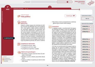 LÍNGUA PORTUGUESA
MAPAS DE FOCO
DA BNCC
180
7º
ANO
HABILIDADES
DO
MESMO
ANO
Campo de atuação:
LEGENDA
LEITURA/ESCUTA
PRODUÇÃO TEXTUAL
ORALIDADE
PROGRESSÃO ENTRE ANOS
HABILIDADES RELACIONADAS
EF67LP16.
Habilidade:
EF67LP16
Explorar e analisar espaços de reclamação de direi-
tos e de envio de solicitações (tais como ouvidorias,
SAC, canais ligados a órgãos públicos, plataformas
do consumidor, plataformas de reclamação), bem
como de textos pertencentes a gêneros que circu-
lam nesses espaços, reclamação ou carta de recla-
mação, solicitação ou carta de solicitação, como for-
ma de ampliar as possibilidades de produção desses
textos em casos que remetam a reivindicações que
envolvam a escola, a comunidade ou algum de seus
membros como forma de se engajar na busca de so-
lução de problemas pessoais, dos outros e coletivos.
Competências relacionadas:
y Competências Gerais: 2 e 4
y Competências da Área: 2 e 3
y Competências Específicas: 2, 3 e 5
Objetivos de aprendizagem:
y Reconhecer a função social dos textos de solici-
tação e reclamação.
y Identificar autores e leitores presumidos desses
textos.
y Explorar e analisar os suportes por onde circulam
esses textos.
y Reconhecer a forma composicional e o estilo dos
gêneros que circulam nesses espaços.
Comentários:
A habilidade propõe o reconhecimento de espaços
de reclamação de direitos e envio de solicitações de
modo a ampliar sua participação social. Nesse senti-
do, sugere-se que ela seja desenvolvida por meio de
um projeto que envolva a comunidade escolar para
queosestudantesidentifiquemumaquestãoaserre-
solvida e a relacione a textos e instâncias que podem
ajudá-los na resolução. Outra possibilidade é propor
atividadesqueenvolvamousodeferramentasdigitais
para que os estudantes possam explorar os espaços
propostosnahabilidade,comoouvidorias,SAC,canais
ligados a órgãos públicos, plataformas do consumi-
dor, plataformas de reclamação, entre outros.
Com base no reconhecimento dos espaços, pode-se
propor que, em grupos de trabalho, os estudantes
identifiquem os gêneros que ali circulam, como a re-
clamação ou carta de reclamação e a solicitação ou
carta de solicitação. A leitura dos textos pode ser feita
de maneira coletiva, em duplas ou grupos e, nesses
casos, ferramentas de apoio, como tabelas, podem
ser usadas para sistematizar as características e a
linguagem mais comum nesses gêneros. A respeito
da linguagem, sugere-se articular habilidades com-
plementares que tenham relevância no sentido dos
textos, como as habilidades EF67LP18 e EF67LP19.
Vida pública
CONHECIMENTO PRÉVIO
Não há.
EF07LP11 (AC)
EF69LP27 (EF)
EF69LP32 (EF)
EF69LP05 (EF)
EF67LP18 (AF)
EF67LP19 (AF)
EF67LP18 (AC)
EF67LP19 (AC)
EF67LP26 (AC)
EF67LP37 (AC)
EF07LP09 (AC)
EF07LP10 (AC)
8º-9º
Classificação: AF
MAPAS DE FOCO
ENS. FUNDAMENTAL
7º
EF07LP02
EF07LP01
EF67LP31
EF67LP01
EF67LP03
EF67LP02
EF67LP04
EF67LP06
EF67LP05
EF67LP07
EF67LP08
EF67LP09
EF67LP10
EF67LP11
EF67LP12
EF67LP13
EF67LP14
EF67LP15
EF67LP17
EF67LP21
EF67LP20
EF67LP22
EF67LP25
EF67LP24
EF67LP27
EF67LP29
EF67LP30
EF89LP19
EF67LP15 (AF)
EF67LP17 (AF)
MAPA
GERAL
ANOS FINAIS
ANOS INICIAIS 1º 2º 3º 4º 5º 6º 8º 9º
1º-5º 3º-5º
1º-2º
 