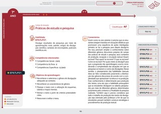 LÍNGUA PORTUGUESA
MAPAS DE FOCO
DA BNCC
183
7º
ANO
HABILIDADES
DO
MESMO
ANO
Campo de atuação:
LEGENDA
LEITURA/ESCUTA
PRODUÇÃO TEXTUAL
ORALIDADE
PROGRESSÃO ENTRE ANOS
HABILIDADES RELACIONADAS
EF67LP21.
Habilidade:
EF67LP21
Divulgar resultados de pesquisas por meio de
apresentações orais, painéis, artigos de divulga-
ção científica, verbetes de enciclopédia, podcasts
científicos etc.
Competências relacionadas:
y Competências Gerais: 2 e 5
y Competência da Área: 2
y Competências Específicas: 2, 3 e 5
Objetivos de aprendizagem:
y Reconhecer e selecionar o gênero de divulgação
adequado ao contexto.
y Reconhecer as características do gênero.
y Planejar o texto com a utilização de esquemas,
tabelas e mapas mentais.
y Revisar o texto a partir de critérios preestabele-
cidos.
y Reescrever e editar o texto.
Comentários:
Assim como no ano anterior, é preciso que os estu-
dantesestejaminseridosemsituaçõesdidáticasque
promovam uma sequência de ações interligadas:
primeiro se faz a pesquisa para depois divulgá-la.
Por isso, precisam ampliar o conhecimento sobre
diferentes gêneros discursivos próprios do campo
das práticas de estudo e pesquisa, seus contextos
de produção, recepção e circulação textual (Quem
escreve? Para quem se escreve? O que se escreve?
Como se escreve? Por quais meios se divulga?) para
que a progressão das aprendizagens ocorra, consi-
derando a complexidade das situações em que as
pesquisas se inserem e como são divulgadas. Nesse
sentido, o planejamento das habilidades bianuais
deve ser feito considerando justamente a distribui-
ção dos gêneros discursivos de acordo com a com-
plexidade que apresentam na leitura e na produção.
Esse conhecimento é determinante para produção
dos textos, uma vez que a habilidade pressupõem
que os estudantes divulguem os saberes pesquisa-
dos por meio de diferentes gêneros, determinados
justamente pelo contexto e a finalidade da pesquisa
realizada. Também aqui é preciso considerar que
todo o trabalho de produção dos textos de divulga-
ção seja orientado pelo professor a fim de que os
estudantes possam também construir estratégias e
procedimentos de produção textual.
Práticas de estudo e pesquisa
CONHECIMENTO PRÉVIO
Não há.
EF07LP12 (AC)
EF69LP34 (EF)
EF69LP29 (EF)
EF69LP32 (EF)
EF67LP36 (AC)
EF07LP11 (AC)
EF67LP26 (AC)
EF67LP32 (AC)
EF67LP23 (AC)
EF67LP33 (AC)
8º-9º
Classificação: AF
MAPAS DE FOCO
ENS. FUNDAMENTAL
7º
EF07LP02
EF07LP01
EF67LP31
EF67LP01
EF67LP03
EF67LP02
EF67LP04
EF67LP06
EF67LP05
EF67LP07
EF67LP08
EF67LP09
EF67LP10
EF67LP11
EF67LP12
EF67LP13
EF67LP14
EF67LP16
EF67LP15
EF67LP17
EF67LP20
EF67LP22
EF67LP25
EF67LP24
EF67LP27
EF67LP29
EF67LP30
EF89LP25
EF67LP22 (AF)
MAPA
GERAL
ANOS FINAIS
ANOS INICIAIS 1º 2º 3º 4º 5º 6º 8º 9º
1º-5º 3º-5º
1º-2º
 