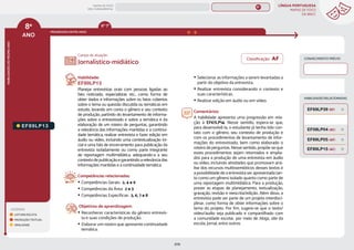 LÍNGUA PORTUGUESA
MAPAS DE FOCO
DA BNCC
206
8º
ANO
HABILIDADES
DO
MESMO
ANO
Campo de atuação:
8º
ANO
LEGENDA
LEITURA/ESCUTA
PRODUÇÃO TEXTUAL
ORALIDADE
PROGRESSÃO ENTRE ANOS
6º-7º
HABILIDADES RELACIONADAS
EF89LP13
Habilidade:
EF89LP13
Planejar entrevistas orais com pessoas ligadas ao
fato noticiado, especialistas etc., como forma de
obter dados e informações sobre os fatos cobertos
sobre o tema ou questão discutida ou temáticas em
estudo, levando em conta o gênero e seu contexto
de produção, partindo do levantamento de informa-
ções sobre o entrevistado e sobre a temática e da
elaboração de um roteiro de perguntas, garantindo
a relevância das informações mantidas e a continui-
dade temática, realizar entrevista e fazer edição em
áudio ou vídeo, incluindo uma contextualização ini-
cial e uma fala de encerramento para publicação da
entrevista isoladamente ou como parte integrante
de reportagem multimidiática, adequando-a a seu
contexto de publicação e garantindo a relevância das
informações mantidas e a continuidade temática.
Competências relacionadas:
y Competências Gerais: 2, 4 e 9
y Competências da Área: 2 e 3
y Competências Específicas: 3, 6, 7 e 8
Objetivos de aprendizagem:
y Reconhecer características do gênero entrevis-
ta e suas condições de produção.
y Elaborar um roteiro que apresente continuidade
temática.
y Selecionar as informações a serem levantadas a
partir do objetivo da entrevista.
y Realizar entrevista considerando o contexto e
suas características.
y Realizar edição em áudio ou em vídeo.
Comentários:
A habilidade apresenta uma progressão em rela-
ção à EF67LP14. Nesse sentido, espera-se que,
para desenvolvê-la, o estudante já tenha tido con-
tato com o gênero, seu contexto de produção e
com os procedimentos de levantamento de infor-
mações do entrevistado, bem como elaborado o
roteiro de perguntas. Nesse sentido, propõe-se que
esses procedimentos sejam retomados e amplia-
dos para a produção de uma entrevista em áudio
ou vídeo, incluindo atividades que promovam aná-
lise dos recursos multissemióticos desses textos e
a possibilidade de a entrevista ser apresentada tan-
to como um gênero isolado quanto como parte de
uma reportagem multimidiática. Para a produção,
prever as etapas de planejamento, textualização,
gravação, revisão e reescrita/edição. Além disso, a
entrevista pode ser parte de um projeto interdisci-
plinar, como forma de obter informações sobre o
tema do projeto. Por fim, sugere-se que o texto/
vídeo/áudio seja publicado e compartilhado com
a comunidade escolar, por meio de blogs, site da
escola, jornal, entre outros.
Jornalístico-midiático
CONHECIMENTO PRÉVIO
EF89LP15 (AC)
EF08LP04 (AC)
EF69LP39 (EF)
EF89LP05 (AF)
Classificação: AF
MAPAS DE FOCO
ENS. FUNDAMENTAL
8º
EF67LP14
EF89LP36
EF08LP02
EF08LP01
EF08LP03
EF89LP04
EF89LP03
EF89LP06
EF89LP09
EF89LP08
EF89LP10
EF89LP11
EF89LP12
EF89LP14
EF89LP16
EF89LP17
EF89LP19
EF89LP21
EF89LP20
EF89LP23
EF89LP25
EF89LP24
EF89LP26
EF89LP35
EF89LP30
EF67LP14
EF89LP12 (AF)
MAPA
GERAL
ANOS FINAIS
ANOS INICIAIS 1º 2º 3º 4º 5º 6º 7º 9º
1º-5º 3º-5º
1º-2º
 
