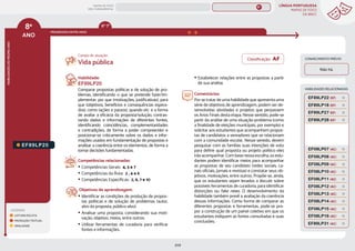 LÍNGUA PORTUGUESA
MAPAS DE FOCO
DA BNCC
209
8º
ANO
HABILIDADES
DO
MESMO
ANO
Campo de atuação:
8º
ANO
LEGENDA
LEITURA/ESCUTA
PRODUÇÃO TEXTUAL
ORALIDADE
PROGRESSÃO ENTRE ANOS
6º-7º
HABILIDADES RELACIONADAS
EF89LP20
Habilidade:
EF89LP20
Comparar propostas políticas e de solução de pro-
blemas, identificando o que se pretende fazer/im-
plementar, por que (motivações, justificativas), para
que (objetivos, benefícios e consequências espera-
dos), como (ações e passos), quando etc. e a forma
de avaliar a eficácia da proposta/solução, contras-
tando dados e informações de diferentes fontes,
identificando coincidências, complementaridades
e contradições, de forma a poder compreender e
posicionar-se criticamente sobre os dados e infor-
mações usados em fundamentação de propostas e
analisar a coerência entre os elementos, de forma a
tomar decisões fundamentadas.
Competências relacionadas:
y Competências Gerais: 4, 5 e 7
y Competências da Área: 2 , 4 e 6
y Competências Específicas: 2, 6, 7 e 10
Objetivos de aprendizagem:
y Identificar as condições de produção de propos-
tas políticas e de solução de problemas (autor,
alvo da proposta, público-alvo).
y Analisar uma proposta, considerando sua moti-
vação, objetivo, meios, entre outros.
y Utilizar ferramentas de curadoria para verificar
fontes e informações.
y Estabelecer relações entre as propostas a partir
de sua análise.
Comentários:
Por se tratar de uma habilidade que apresenta uma
série de objetivos de aprendizagem, podem ser de-
senvolvidas atividades e projetos que perpassem
os Anos Finais desta etapa. Nesse sentido, pode-se
partir da análise de uma situação-problema (como
a finalidade de eleições municipais, por exemplo) e
solicitar aos estudantes que acompanhem propos-
tas de candidatos a vereadores que se relacionam
com a comunidade escolar. Nesse sentido, devem
pesquisar com as famílias suas intenções de voto
para definir qual proposta ou projeto político eles
irão acompanhar. Com base nessa escolha, os estu-
dantes podem identificar meios para acompanhar
as propostas de seu candidato (redes sociais, ca-
nais oficiais, jornais e revistas) e constatar seus ob-
jetivos, motivações, entre outros. Propõe-se, ainda,
que os estudantes sejam levados a discutir sobre
possíveis ferramentas de curadoria, para identificar
distorções ou fake news. O desenvolvimento da
habilidade também prevê a avaliação da coerência
dessas informações. Como forma de comparar as
diferentes propostas e ferramentas, pode-se pro-
por a construção de um painel coletivo em que os
estudantes indiquem as fontes consultadas e suas
conclusões.
Vida pública
CONHECIMENTO PRÉVIO
Não há.
EF89LP18 (EF)
EF89LP27 (EF)
EF89LP22 (EF)
EF89LP28 (EF)
EF89LP31 (AC)
EF08LP07 (AC)
EF08LP08 (AC)
EF08LP09 (AC)
EF08LP11 (AC)
EF08LP12 (AC)
EF08LP10 (AC)
EF08LP13 (AC)
EF08LP14 (AC)
EF08LP15 (AC)
EF08LP16 (AC)
Classificação: AF
MAPAS DE FOCO
ENS. FUNDAMENTAL
8º
EF89LP36
EF08LP02
EF08LP01
EF08LP03
EF89LP04
EF89LP03
EF89LP06
EF89LP09
EF89LP08
EF89LP10
EF89LP11
EF89LP12
EF89LP13
EF89LP14
EF89LP16
EF89LP17
EF89LP19
EF89LP21
EF89LP23
EF89LP25
EF89LP24
EF89LP26
EF89LP35
EF89LP30
EF67LP17
EF89LP17 (AF)
EF89LP23 (AF)
EF89LP19 (AF)
MAPA
GERAL
ANOS FINAIS
ANOS INICIAIS 1º 2º 3º 4º 5º 6º 7º 9º
1º-5º 3º-5º
1º-2º
 
