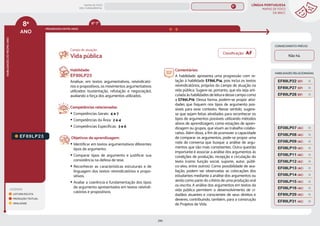 LÍNGUA PORTUGUESA
MAPAS DE FOCO
DA BNCC
210
8º
ANO
HABILIDADES
DO
MESMO
ANO
Campo de atuação:
8º
ANO
LEGENDA
LEITURA/ESCUTA
PRODUÇÃO TEXTUAL
ORALIDADE
PROGRESSÃO ENTRE ANOS
6º-7º
HABILIDADES RELACIONADAS
EF89LP23
Habilidade:
EF89LP23
Analisar, em textos argumentativos, reivindicató-
rios e propositivos, os movimentos argumentativos
utilizados (sustentação, refutação e negociação),
avaliando a força dos argumentos utilizados.
Competências relacionadas:
y Competências Gerais: 4 e 7
y Competências da Área: 2 e 4
y Competências Específicas: 3 e 6
Objetivos de aprendizagem:
y Identificar em textos argumentativos diferentes
tipos de argumento.
y Comparar tipos de argumento e justificar sua
consistência na defesa de tese.
y Reconhecer as características estruturais e de
linguagem dos textos reivindicatórios e propo-
sitivos.
y Avaliar a coerência e fundamentação dos tipos
de argumento apresentados em textos reivindi-
catórios e propositivos.
Comentários:
A habilidade apresenta uma progressão com re-
lação à habilidade EF89LP14, pois inclui os textos
reivindicatórios, próprios do campo de atuação na
vida pública. Sugere-se, portanto, que ela seja arti-
culada às habilidades de leitura desse campo como
a EF89LP19. Dessa forma, podem-se propor ativi-
dades que foquem nos tipos de argumento pos-
síveis para esse contexto. Nesse sentido, sugere-
se que sejam feitas atividades para reconhecer os
tipos de argumentos possíveis utilizando métodos
ativos de aprendizagem, como estações de apren-
dizagem ou grupos, que visam ao trabalho colabo-
rativo. Além disso, a fim de promover a capacidade
de comparar os argumentos, pode-se propor uma
roda de conversa que busque a análise de argu-
mentos que são mais consistentes. Outra questão
importante é associar a análise dos argumentos às
condições de produção, recepção e circulação do
texto (como função social, suporte, autor, públi-
co-alvo, entre outros). Como possibilidade de ava-
liação, podem ser observadas as colocações dos
estudantes mediante a análise dos argumentos ou
ainda como parte do critério de uma produção oral
ou escrita. A análise dos argumentos em textos da
vida pública permitem o desenvolvimento de ci-
dadãos atuantes e conscientes de seus direitos e
deveres, contribuindo, também, para a construção
de Projetos de Vida.
Vida pública
CONHECIMENTO PRÉVIO
Não há.
EF89LP27 (EF)
EF89LP28 (EF)
EF89LP22 (EF)
EF89LP31 (AC)
EF08LP07 (AC)
EF08LP08 (AC)
EF08LP09 (AC)
EF08LP11 (AC)
EF08LP12 (AC)
EF08LP10 (AC)
EF08LP13 (AC)
EF08LP14 (AC)
EF08LP15 (AC)
EF08LP16 (AC)
EF89LP29 (AC)
Classificação: AF
MAPAS DE FOCO
ENS. FUNDAMENTAL
8º
EF89LP36
EF08LP02
EF08LP01
EF08LP03
EF89LP04
EF89LP03
EF89LP06
EF89LP09
EF89LP08
EF89LP10
EF89LP11
EF89LP12
EF89LP13
EF89LP14
EF89LP16
EF89LP17
EF89LP19
EF89LP21
EF89LP20
EF89LP25
EF89LP24
EF89LP26
EF89LP35
EF89LP30
EF67LP17
EF89LP14 (AF)
EF89LP19 (AF)
EF89LP17 (AF)
EF89LP20 (AF)
MAPA
GERAL
ANOS FINAIS
ANOS INICIAIS 1º 2º 3º 4º 5º 6º 7º 9º
1º-5º 3º-5º
1º-2º
 