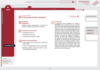 LÍNGUA PORTUGUESA
MAPAS DE FOCO
DA BNCC
212
8º
ANO
HABILIDADES
DO
MESMO
ANO
Campo de atuação:
8º
ANO
LEGENDA
LEITURA/ESCUTA
PRODUÇÃO TEXTUAL
ORALIDADE
PROGRESSÃO ENTRE ANOS
6º-7º
HABILIDADES RELACIONADAS
EF89LP24
Habilidade:
EF89LP24
Realizar pesquisa, estabelecendo o recorte das
questões, usando fontes abertas e confiáveis.
Competências relacionadas:
y Competência Geral: 2
y Competência da Área: 2
y Competências Específicas: 2 e 8
Objetivos de aprendizagem:
y Utilizar diferentes ferramentas de curadoria de
informações.
y Verificar a fidedignidade das fontes pesquisadas.
y Realizar pesquisa, a partir de recortes e ques-
tões definidos previamente.
Comentários:
A progressão dessa habilidade em relação à
EF67LP20 ocorre na indicação de que as pesqui-
sas a serem realizadas pelos estudantes devem ser
feitas, no 8º e no 9º ano, usando fontes abertas e
confiáveis. Nesse caso, está pressuposto que os es-
tudantes já tenham construído estratégias e proce-
dimentos que lhes permitam saber em quais fon-
tes abertas são confiáveis para fazer uma pesquisa.
Significa que eles já são capazes de identificar e
descartar as fontes não confiáveis e problemati-
zar enfoques tendenciosos, superficiais ou mesmo
inverdades. Por exemplo: eles já reconhecem que
supostos textos de divulgação científica publica-
dos em sites de autoria desconhecida, de enciclo-
pédias colaborativas ou em blogs de autores sem
nenhuma formação na área de saber a que o artigo
se destina, sem indicação e comprovação científica
podem não ser fontes seguras.
Práticas de estudo e pesquisa
CONHECIMENTO PRÉVIO
EF69LP38 (EF)
EF89LP28 (EF)
Classificação: AF
MAPAS DE FOCO
ENS. FUNDAMENTAL
8º
EF67LP20
EF89LP36
EF08LP02
EF08LP01
EF08LP03
EF89LP04
EF89LP03
EF89LP06
EF89LP09
EF89LP08
EF89LP10
EF89LP11
EF89LP12
EF89LP13
EF89LP14
EF89LP16
EF89LP17
EF89LP19
EF89LP21
EF89LP20
EF89LP23
EF89LP25
EF89LP26
EF89LP35
EF89LP30
EF67LP20
EF89LP25 (AF)
EF89LP30 (AF)
MAPA
GERAL
ANOS FINAIS
ANOS INICIAIS 1º 2º 3º 4º 5º 6º 7º 9º
1º-5º 3º-5º
1º-2º
 