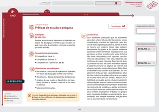 LÍNGUA PORTUGUESA
MAPAS DE FOCO
DA BNCC
215
8º
ANO
HABILIDADES
DO
MESMO
ANO
Campo de atuação:
8º
ANO
LEGENDA
LEITURA/ESCUTA
PRODUÇÃO TEXTUAL
ORALIDADE
PROGRESSÃO ENTRE ANOS
6º-7º
HABILIDADES RELACIONADAS
CONHECIMENTOS PRÉVIOS
EF89LP30
Habilidade:
EF89LP30
Analisar a estrutura de hipertexto e hiperlinks em
textos de divulgação científica que circulam na
web e proceder à remissão a conceitos e relações
por meio de links.
Competências relacionadas:
y Competência Geral: 2
y Competência da Área: 2
y Competências Específicas: 2 e 10
Objetivos de aprendizagem:
y Reconhecer a estrutura de hipertexto e hiperlinks
em textos de divulgação científica na internet.
y Reconhecer a função do hiperlink e do hipertexto.
y Analisar de que modo os hiperlinks e os hiper-
textos mudam a maneira como se lê um texto
na internet.
y Selecionar informações.
Comentários:
Essa habilidade pressupõe que os estudantes
aprendam a fazer leituras não lineares dos textos,
considerando o sentido do hipertexto como blo-
cos de textos ligados por palavras, partes de texto
ou mesmo por imagens. Nesse caso, indepen-
dentemente do gênero e do suporte, podem-se
apresentar esses elementos organizacionais que
permitam ao leitor transitar pelo texto de forma
não linear, descontínua, com rupturas, com tre-
chos que são pulados e não lidos, seguindo para
os blocos de maior interesse. Esse tipo de leitu-
ra, embora não seja exclusivo dos textos digitais,
é bastante comuns nas páginas da internet, que
oferecem ao leitor muitos hipertextos. Além disso,
a habilidade trata também dos hiperlinks, ou sim-
plesmente links, que dão a possibilidade ao leitor;
de clicar sobre uma palavra, abrir uma nova pági-
na da web, entrar em um site etc. Nesse caso, a
habilidade pressupõe que os estudantes, já sendo
nativos digitais, possam construir uma compreen-
são da funcionalidade dos hipertextos e hiperlinks
na construção de sentidos, na alusão a conceitos
em um dado texto que podem imediatamente ter
seus verbetes explicativos “linkados” no próprio
texto, clareando dúvidas, complementando, apro-
fundando, mas sempre mantendo relação direta
com o assunto tratado no texto-base.
Práticas de estudo e pesquisa
EF89LP28 (EF)
EF89LP05 (AC)
Classificação: AF
Acesse Mapas de Foco nas Redes – Guia para 2021 e 2022, e
Mapas de Foco na Escola – Do planejamento pedagógico à
formação docente.
MAPAS DE FOCO
ENS. FUNDAMENTAL
8º
EF67LP01
EF89LP36
EF08LP02
EF08LP01
EF08LP03
EF89LP04
EF89LP03
EF89LP06
EF89LP09
EF89LP08
EF89LP10
EF89LP11
EF89LP12
EF89LP13
EF89LP14
EF89LP16
EF89LP17
EF89LP19
EF89LP21
EF89LP20
EF89LP23
EF89LP25
EF89LP24
EF89LP26
EF89LP35
EF67LP27
EF89LP24 (AF)
EF89LP25 (AF)
MAPA
GERAL
ANOS FINAIS
ANOS INICIAIS 1º 2º 3º 4º 5º 6º 7º 9º
1º-5º 3º-5º
1º-2º
 