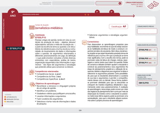 LÍNGUA PORTUGUESA
MAPAS DE FOCO
DA BNCC
229
9º
ANO
HABILIDADES
DO
MESMO
ANO
Campo de atuação:
Classificação: AF
LEGENDA
LEITURA/ESCUTA
PRODUÇÃO TEXTUAL
ORALIDADE
PROGRESSÃO ENTRE ANOS
HABILIDADES RELACIONADAS
HABILIDADE DO EM
DA QUAL VIRA
CONHECIMENTO PRÉVIO
EM13LP05
EF89LP10.
Habilidade:
EF89LP10
Planejar artigos de opinião, tendo em vista as con-
dições de produção do texto – objetivo, leitores/
espectadores, veículos e mídia de circulação etc. –,
a partir da escolha do tema ou questão a ser discu-
tido(a), da relevância para a turma, escola ou comu-
nidade, do levantamento de dados e informações
sobre a questão, de argumentos relacionados a
diferentes posicionamentos em jogo, da definição
– o que pode envolver consultas a fontes diversas,
entrevistas com especialistas, análise de textos,
organização esquemática das informações e argu-
mentos – dos (tipos de) argumentos e estratégias
que pretende utilizar para convencer os leitores.
Competências relacionadas:
y Competências Gerais: 2, 4 e 7
y Competências da Área: 2 e 4
y Competências Específicas: 2, 6 e 7
Objetivos de aprendizagem:
y Reconhecer a estrutura e a linguagem próprias
de um artigo de opinião.
y Identificar um problema.
y Estabelecer critérios que justifiquem uma escolha.
y Levantar informações e argumentos.
y Fazer curadoria dos argumentos.
y Selecionar e tomar nota de informações e dados
de pesquisa.
y Selecionar argumentos e estratégias argumen-
tativas.
Comentários:
Para desenvolver as aprendizagens propostas para
essa habilidade, recomenda-se que ela esteja associa-
da às habilidades de leitura de modo a construir o re-
pertóriotemáticodoestudante.Alémdisso,inicialmen-
te,propõe-sequesejamlevantadospossíveistemasde
relevância para a turma a fim que a produção se torne
mais significativa. Com a escolha dos temas, pode-se
promover rodas de leitura de charges, notícias, repor-
tagens e outros textos que tratem da questão. Rodas
de conversa e debates também ajudam o estudante a
construir seu posicionamento e seus argumentos. Na
etapa do planejamento, propõe-se a utilização de es-
quemas,tabelasediagramasparaorganizarasideiase
selecionar os argumentos possíveis. Outra possibilida-
de, para que os estudantes desenvolvam a curadoria
de sua tese e argumentos, é permitir o compartilha-
mento desses com os demais. Dessa forma, podem-
se promover atividades para que os educandos se
coloquem de maneira respeitosa, debatendo e argu-
mentando sobre seus posicionamentos. A avaliação
da aprendizagem, nessa etapa, pode ocorrer por meio
dosregistrosdoplanejamentobemcomopormeioda
observação da maneira como o estudante se posicio-
na.Sobreesseúltimoaspecto,pode-sepromoveruma
autoavaliação para que o estudante adquira autono-
mia sobre o próprio processo de aprendizagem.
Jornalístico-midiático
CONHECIMENTO PRÉVIO
EF09LP11 (AC)
EF89LP05 (AC)
EF69LP06 (EF)
8º 9º
MAPAS DE FOCO
ENS. FUNDAMENTAL
9º
EF08LP03
EF09LP02
EF09LP01
EF09LP03
EF89LP36
EF89LP04
EF89LP03
EF89LP06
EF89LP09
EF89LP08
EF89LP11
EF89LP12
EF89LP13
EF89LP14
EF89LP16
EF89LP17
EF89LP19
EF89LP21
EF89LP20
EF89LP23
EF89LP25
EF89LP24
EF89LP26
EF89LP35
EF89LP30
EF08LP03 EF09LP03
EF89LP06 (AF)
MAPA
GERAL
ANOS FINAIS
ANOS INICIAIS 1º 2º 3º 4º 5º 6º 7º 8º
1º-5º 3º-5º
1º-2º
 