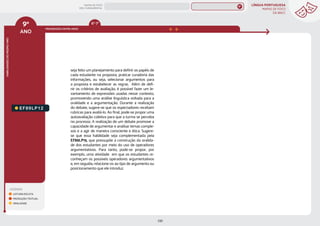 LÍNGUA PORTUGUESA
MAPAS DE FOCO
DA BNCC
232
9º
ANO
HABILIDADES
DO
MESMO
ANO
LEGENDA
LEITURA/ESCUTA
PRODUÇÃO TEXTUAL
ORALIDADE
PROGRESSÃO ENTRE ANOS
EF89LP12.
seja feito um planejamento para definir os papéis de
cada estudante na proposta, praticar curadoria das
informações, ou seja, selecionar argumentos para
a proposta e estabelecer as regras. Além de defi-
nir os critérios de avaliação, é possível fazer um le-
vantamento de expressões usadas nesse contexto,
promovendo uma análise linguística voltada para a
oralidade e a argumentação. Durante a realização
do debate, sugere-se que os espectadores recebam
rubricas para avaliá-lo. Ao final, pode-se propor uma
autoavaliação coletiva para que a turma se perceba
no processo. A realização de um debate promove a
capacidade de argumentar e analisar temas comple-
xos e a agir de maneira consciente e ética. Sugere-
se que essa habilidade seja complementada pela
EF89LP15, que pressupõe a construção da oralida-
de dos estudantes por meio do uso de operadores
argumentativos. Para tanto, pode-se propor, por
exemplo, uma atividade em que os estudantes re-
conheçam os possíveis operadores argumentativos
e, em seguida, relacione-os ao tipo de argumento ou
posicionamento que ele introduz.
6º-7º
MAPAS DE FOCO
ENS. FUNDAMENTAL
9º
EF09LP02
EF09LP01
EF09LP03
EF89LP36
EF89LP04
EF89LP03
EF89LP06
EF89LP09
EF89LP08
EF89LP10
EF89LP11
EF89LP13
EF89LP14
EF89LP16
EF89LP17
EF89LP19
EF89LP21
EF89LP20
EF89LP23
EF89LP25
EF89LP24
EF89LP26
EF89LP35
EF89LP30
EF67LP11
EF67LP12
MAPA
GERAL
ANOS FINAIS
ANOS INICIAIS 1º 2º 3º 4º 5º 6º 7º 8º
1º-5º 3º-5º
1º-2º
 