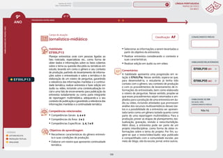LÍNGUA PORTUGUESA
MAPAS DE FOCO
DA BNCC
233
9º
ANO
HABILIDADES
DO
MESMO
ANO
Campo de atuação:
Classificação: AF
LEGENDA
LEITURA/ESCUTA
PRODUÇÃO TEXTUAL
ORALIDADE
PROGRESSÃO ENTRE ANOS
HABILIDADES RELACIONADAS
EF89LP13.
Habilidade:
EF89LP13
Planejar entrevistas orais com pessoas ligadas ao
fato noticiado, especialistas etc., como forma de
obter dados e informações sobre os fatos cobertos
sobre o tema ou questão discutida ou temáticas em
estudo, levando em conta o gênero e seu contexto
de produção, partindo do levantamento de informa-
ções sobre o entrevistado e sobre a temática e da
elaboração de um roteiro de perguntas, garantindo
a relevância das informações mantidas e a continui-
dade temática, realizar entrevista e fazer edição em
áudio ou vídeo, incluindo uma contextualização ini-
cial e uma fala de encerramento para publicação da
entrevista isoladamente ou como parte integrante
de reportagem multimidiática, adequando-a a seu
contexto de publicação e garantindo a relevância das
informações mantidas e a continuidade temática.
Competências relacionadas:
y Competências Gerais: 2, 4 e 9
y Competências da Área: 2 e 3
y Competências Específicas: 3, 6, 7 e 8
Objetivos de aprendizagem:
y Reconhecer características do gênero entrevis-
ta e suas condições de produção.
y Elaborar um roteiro que apresente continuidade
temática.
y Selecionar as informações a serem levantadas a
partir do objetivo da entrevista.
y Realizar entrevista considerando o contexto e
suas características.
y Realizar edição em áudio ou em vídeo.
Comentários:
A habilidade apresenta uma progressão em re-
lação à EF67LP14. Nesse sentido, espera-se que,
para desenvolvê-la, o estudante já tenha tido
contato com o gênero, seu contexto de produção
e com os procedimentos de levantamento de in-
formações do entrevistado, bem como elaborado
o roteiro de perguntas. Nesse sentido, propõe-se
que esses procedimentos sejam retomados e am-
pliados para a produção de uma entrevista em áu-
dio ou vídeo, incluindo atividades que promovam
análise dos recursos multissemióticos desses tex-
tos e a possibilidade de a entrevista ser apresen-
tada tanto como um gênero isolado quanto como
parte de uma reportagem multimidiática. Para a
produção, prever as etapas de planejamento, tex-
tualização, gravação, revisão e reescrita/edição.
Além disso, a entrevista pode ser parte de um
projeto interdisciplinar, como forma de obter in-
formações sobre o tema do projeto. Por fim, su-
gere-se que o texto/vídeo/áudio seja publicado
e compartilhado com a comunidade escolar, por
meio de blogs, site da escola, jornal, entre outros.
Jornalístico-midiático
CONHECIMENTO PRÉVIO
HABILIDADE DO EM
DA QUAL VIRA
CONHECIMENTO PRÉVIO
Não há.
EF89LP05 (AC)
EF69LP39 (EF)
6º-7º
MAPAS DE FOCO
ENS. FUNDAMENTAL
9º
EF67LP14
EF09LP02
EF09LP01
EF09LP03
EF89LP36
EF89LP04
EF89LP03
EF89LP06
EF89LP09
EF89LP08
EF89LP10
EF89LP11
EF89LP12
EF89LP14
EF89LP16
EF89LP17
EF89LP19
EF89LP21
EF89LP20
EF89LP23
EF89LP25
EF89LP24
EF89LP26
EF89LP35
EF89LP30
EF67LP14
EF89LP12 (AF)
MAPA
GERAL
ANOS FINAIS
ANOS INICIAIS 1º 2º 3º 4º 5º 6º 7º 8º
1º-5º 3º-5º
1º-2º
 