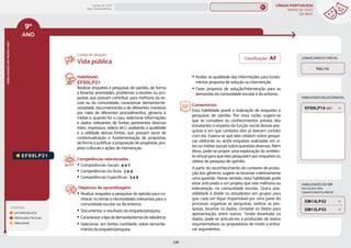 LÍNGUA PORTUGUESA
MAPAS DE FOCO
DA BNCC
238
9º
ANO
HABILIDADES
DO
MESMO
ANO
Campo de atuação:
Classificação: AF
LEGENDA
LEITURA/ESCUTA
PRODUÇÃO TEXTUAL
ORALIDADE
HABILIDADES RELACIONADAS
EF89LP21.
Habilidade:
EF89LP21
Realizar enquetes e pesquisas de opinião, de forma
a levantar prioridades, problemas a resolver ou pro-
postas que possam contribuir para melhoria da es-
cola ou da comunidade, caracterizar demanda/ne-
cessidade, documentando-a de diferentes maneiras
por meio de diferentes procedimentos, gêneros e
mídias e, quando for o caso, selecionar informações
e dados relevantes de fontes pertinentes diversas
(sites, impressos, vídeos etc.), avaliando a qualidade
e a utilidade dessas fontes, que possam servir de
contextualização e fundamentação de propostas,
de forma a justificar a proposição de propostas, pro-
jetos culturais e ações de intervenção.
Competências relacionadas:
y Competências Gerais: 4 e 7
y Competências da Área: 2 e 4
y Competências Específicas: 3 e 6
Objetivos de aprendizagem:
y Realizar enquetes e pesquisas de opinião para co-
nhecer os temas e necessidades relevantes para a
comunidade escolar ou do entorno.
y Documentar o resultado da enquete/pesquisa.
y Caracterizarotipodedemanda/temasderelevância.
y Selecionar, em fontes confiáveis, sobre tema/de-
manda da enquete/pesquisa.
y Avaliar as qualidade das informações para funda-
mentar proposta de solução ou intervenção.
y Fazer proposta de solução/intervenção para as
demandas da comunidade escolar e do entorno.
Comentários:
Essa habilidade prevê a realização de enquetes e
pesquisas de opinião. Por essa razão, sugere-se
que se considere os conhecimentos prévios dos
estudantes a respeito da função social dessas pes-
quisas e em que contexto eles já tiveram contato
com ela. Espera-se que eles relatem sobre pesqui-
sas eleitorais ou ainda enquetes realizadas em si-
tes ou mídias sociais sobre questões diversas. Além
disso, pode-se propor uma exploração do ambien-
te virtual para que eles pesquisem por enquetes ou
vídeos de pesquisa de opinião.
A partir do reconhecimento do contexto de produ-
ção dos gêneros, sugere-se levantar coletivamente
uma questão. Nesse sentido, essa habilidade pode
estar articulada a um projeto que vise melhoria ou
intervenção na comunidade escolar. Outra pos-
sibilidade é dividir os estudantes em grupos para
que cada um fique responsável por uma parte do
processo: organizar as perguntas, realizar as pes-
quisas, levantar os dados, compilar os dados para
apresentação, entre outros. Tendo levantado os
dados, pode-se articulá-los a produções de textos
argumentativos ou propositivos de modo a emba-
sar argumentos.
Vida pública
CONHECIMENTO PRÉVIO
Não há.
HABILIDADES DO EM
DAS QUAIS VIRA
CONHECIMENTO PRÉVIO
EM13LP33
EM13LP32
EF69LP14 (EF)
MAPAS DE FOCO
ENS. FUNDAMENTAL
9º
EF89LP24 (AF)
EF09LP02
EF09LP01
EF09LP03
EF89LP36
EF89LP04
EF89LP03
EF89LP06
EF89LP09
EF89LP08
EF89LP10
EF89LP11
EF89LP12
EF89LP13
EF89LP14
EF89LP16
EF89LP17
EF89LP19
EF89LP20
EF89LP23
EF89LP25
EF89LP24
EF89LP26
EF89LP35
EF89LP30
EF89LP17 (AF)
EF89LP19 (AF)
EF89LP20 (AF)
EF89LP23 (AF)
MAPA
GERAL
ANOS FINAIS
ANOS INICIAIS 1º 2º 3º 4º 5º 6º 7º 8º
1º-5º 3º-5º
1º-2º
 