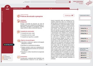 LÍNGUA PORTUGUESA
MAPAS DE FOCO
DA BNCC
240
9º
ANO
HABILIDADES
DO
MESMO
ANO
Campo de atuação:
Classificação: AF
LEGENDA
LEITURA/ESCUTA
PRODUÇÃO TEXTUAL
ORALIDADE
PROGRESSÃO ENTRE ANOS
HABILIDADES RELACIONADAS
EF89LP25.
Habilidade:
EF89LP25
Divulgar o resultado de pesquisas por meio de
apresentações orais, verbetes de enciclopédias co-
laborativas, reportagens de divulgação científica,
vlogs científicos, vídeos de diferentes tipos etc.
Competências relacionadas:
y Competências Gerais: 2 e 5
y Competência da Área: 3 e 6
y Competências Específicas: 2, 3 e 10
Objetivos de aprendizagem:
y Reconhecer e selecionar o gênero de divulgação
adequado ao contexto.
y Reconhecer as características do gênero.
y Planejar e produzir o texto com a utilização de di-
vulgação de pesquisa de acordo com sua estrutu-
ra e linguagem.
y Reconhecer e utilizar mecanismos de progressão
temática.
Comentários:
Considerando a ampliação dessa habilidade cujo
desenvolvimento iniciou-se no ano anterior, o
mesmo tratamento dado aos verbetes de enci-
clopédia colaborativa deve ser considerado nos
demais gêneros, principalmente os que envolvem
o multiletramento e o letramento digital, conside-
rando os textos hipermidiáticos e essencialmente
multissemióticos inseridos no contexto das cul-
turas juvenis. Uma apresentação oral pode ser
feita, por exemplo, no contexto dos vlogs ou por
meio de vídeos de divulgação científica, tornando
a apresentação mais complexa em comparação
ao ano anterior. É importante considerar que tan-
to o vlog quanto os vídeos incorporam elemen-
tos como som e movimento e também fazem
uso de ferramentas digitais. Em todos os casos,
no entanto, é importante considerar que as pro-
duções textuais dos estudantes devem ser reali-
zadas como um processo construído em etapas:
partindo do repertório que os estudantes já pos-
suem sobre cada um dos gêneros discursivos a
ser produzido, é preciso que planejem os textos,
façam uma primeira versão, revisem, escrevam
novas versões, revisem novamente, façam corre-
ções e publiquem seus textos no suporte escolhi-
do como produto final. Por exemplo, no caso dos
textos multissemióticos, as estratégias de plane-
jamento consideram também a análise semiótica,
que pressupõe a escolha de enquadramento, de
imagem, som e outras semioses envolvidas na
produção.
Práticas de estudo e pesquisa
CONHECIMENTO PRÉVIO
HABILIDADES DO EM
DAS QUAIS VIRA
CONHECIMENTO PRÉVIO
EM13LP29
EM13LP34
EM13LP17
EF89LP31 (AC)
EF69LP36 (EF)
EF69LP38 (EF)
EF69LP35 (EF)
EF89LP29 (AC)
6º-7º
MAPAS DE FOCO
ENS. FUNDAMENTAL
9º
EF67LP21
EF09LP02
EF09LP01
EF09LP03
EF89LP36
EF89LP04
EF89LP03
EF89LP06
EF89LP09
EF89LP08
EF89LP10
EF89LP11
EF89LP12
EF89LP13
EF89LP14
EF89LP16
EF89LP17
EF89LP19
EF89LP21
EF89LP20
EF89LP23
EF89LP24
EF89LP26
EF89LP35
EF89LP30
EF67LP21
EF89LP24 (AF)
MAPA
GERAL
ANOS FINAIS
ANOS INICIAIS 1º 2º 3º 4º 5º 6º 7º 8º
1º-5º 3º-5º
1º-2º
 