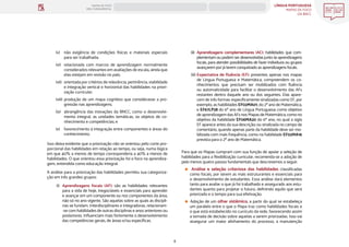 LÍNGUA PORTUGUESA
MAPAS DE FOCO
DA BNCC
8
MAPAS DE FOCO
ENS. FUNDAMENTAL
(v) não exigência de condições físicas e materiais especiais
para ser trabalhada;
(vi) relacionada com marcos de aprendizagem normalmente
considerados relevantes em avaliações de escala, ainda que
elas estejam em revisão no país;
(vii) orientada por critérios de relevância, pertinência, viabilidade
e integração vertical e horizontal das habilidades na priori-
zação curricular;
(viii) produção de um mapa cognitivo que considerasse a pro-
gressão nas aprendizagens;
(ix) abrangência das inovações da BNCC, como o desenvolvi-
mento integral, as unidades temáticas, os objetos de co-
nhecimento e competências; e
(x) favorecimento à integração entre componentes e áreas do
conhecimento.
Isso deixa evidente que a priorização não se orientou pelo corte pro-
porcional das habilidades em relação ao tempo, ou seja, numa lógica
em que 40% a menos de tempo corresponderia a 40% a menos de
habilidades. O que orientou essa priorização foi o foco na aprendiza-
gem, entendida como educação integral.
A análise para a priorização das habilidades permitiu sua categoriza-
ção em três grandes grupos:
(i) Aprendizagens focais (AF): são as habilidades relevantes
para a vida de hoje, inegociáveis e essenciais para aprender
e avançar em um componente ou nos componentes da área,
não só no ano vigente. São aquelas sobre as quais as discipli-
nas se fundam. Interdisciplinares e integradoras, relacionam-
-se com habilidades de outras disciplinas e anos anteriores ou
posteriores. Influenciam mais fortemente o desenvolvimento
das competências gerais, de áreas e/ou específicas.
(ii) Aprendizagens complementares (AC): habilidades que com-
plementam ou podem ser desenvolvidas junto às aprendizagens
focais, para atender possibilidades de fazer indivíduos ou grupos
avançarem por já terem conquistado as aprendizagens focais.
(iii) Expectativa de fluência (EF): presentes apenas nos mapas
de Língua Portuguesa e Matemática, compreendem os co-
nhecimentos que precisam ser mobilizados com fluência
ou automaticidade para facilitar o desenvolvimento das AFs
restantes dentro daquele ano ou dos seguintes. Elas apare-
cem de três formas: especificamente sinalizadas como EF, por
exemplo, as habilidades EF02MA01, do 2º ano de Matemática,
e EF67LP28 do 6º ano de Língua Portuguesa; como objetivo
de aprendizagem das AFs nos Mapas de Matemática, como no
objetivo da habilidade EF06MA20 do 6º ano, no qual a sigla
EF aparece antes da sua descrição; ou sinalizada no campo de
comentário, quando apenas parte da habilidade deve ser mo-
bilizada com mais frequência, como na habilidade EF02MA16
prevista para o 2º ano de Matemática.
Para que os Mapas cumpram com sua função de apoiar a seleção de
habilidades para a flexibilização curricular, recomenda-se a adoção de
pelo menos quatro passos fundamentais que descrevemos a seguir.
Análise e seleção criteriosa das habilidades classificadas
como focais, por serem as mais estruturantes e essenciais para
o desenvolvimento de estudantes. Essa análise dará elementos
tanto para avaliar o que já foi trabalhado e assegurado aos estu-
dantes quanto para projetar o futuro, definindo aquilo que será
priorizado e o tempo para sua efetivação.
Adoção de um olhar sistêmico, a partir do qual se estabeleça
um paralelo entre o que o Mapa traz como habilidades focais e
o que está estabelecido no currículo da rede, favorecendo assim
a tomada de decisão sobre aquelas a serem priorizadas. Isso vai
assegurar um maior alinhamento do processo, a manutenção
ANOS FINAIS
ANOS INICIAIS 1º 2º 3º 4º 5º 6º 7º 8º 9º
1º-5º 3º-5º
1º-2º
 