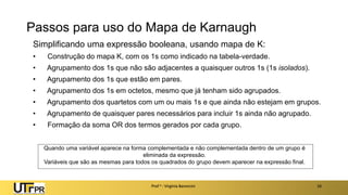 Passos para uso do Mapa de Karnaugh
Simplificando uma expressão booleana, usando mapa de K:
• Construção do mapa K, com os 1s como indicado na tabela-verdade.
• Agrupamento dos 1s que não são adjacentes a quaisquer outros 1s (1s isolados).
• Agrupamento dos 1s que estão em pares.
• Agrupamento dos 1s em octetos, mesmo que já tenham sido agrupados.
• Agrupamento dos quartetos com um ou mais 1s e que ainda não estejam em grupos.
• Agrupamento de quaisquer pares necessários para incluir 1s ainda não agrupado.
• Formação da soma OR dos termos gerados por cada grupo.
Prof a : Virgínia Baroncini 16
Quando uma variável aparece na forma complementada e não complementada dentro de um grupo é
eliminada da expressão.
Variáveis que são as mesmas para todos os quadrados do grupo devem aparecer na expressão final.
 