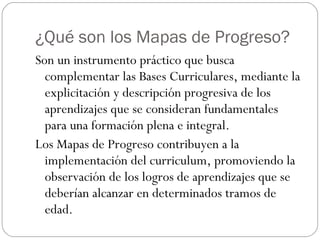 ¿Qué son los Mapas de Progreso? Son un instrumento práctico que busca complementar las Bases Curriculares, mediante la explicitación y descripción progresiva de los aprendizajes que se consideran fundamentales para una formación plena e integral. Los Mapas de Progreso contribuyen a la implementación del curriculum, promoviendo la observación de los logros de aprendizajes que se deberían alcanzar en determinados tramos de edad. 