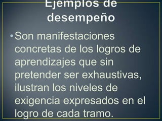 •Son manifestaciones
 concretas de los logros de
 aprendizajes que sin
 pretender ser exhaustivas,
 ilustran los niveles de
 exigencia expresados en el
 logro de cada tramo.
 