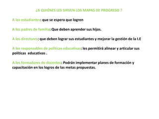 ¿A QUIÉNES LES SIRVEN LOS MAPAS DE PROGRESO ?
A los estudiantes: que se espera que logren
A los padres de familia: Que deben aprender sus hijos.
A los directores: que deben lograr sus estudiantes y mejorar la gestión de la I.E
A los responsables de políticas educativas: les permitirá alinear y articular sus
políticas educativas .
A los formadores de docentes: Podrán implementar planes de formación y
capacitación en los logros de las metas propuestas.
 