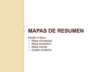 MAPAS DE RESUMEN
Existen 4 tipos:
 Mapa conceptual
 Mapa semántico
 Mapa mental
 Cuadro sinóptico
 