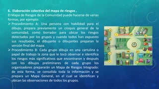 6. Elaboración colectiva del mapa de riesgos .
El Mapa de Riesgos de la Comunidad puede hacerse de varias
formas, por ejemplo:
 Procedimiento A: Una persona con habilidad para el
dibujo, prepara previamente un croquis general de la
comunidad, como borrador para ubicar los riesgos
detectados por los grupos y cuando todos han expuesto
sus resultados, el dibujante o dibujantes preparan la
versión final del mapa.
 Procedimiento B: Cada grupo dibuja en una cartulina o
papel de trabajo la zona que le tocó observar e identifica
los riesgos más significativos que encontraron y después
con los dibujos preliminares de cada grupo los
organizadores prepararán un Mapa de Riesgos Integrado:
de esta forma, se consolida toda la información y se
prepara un Mapa General, en el cual se identifican y
ubican las observaciones de todos los grupos.
 