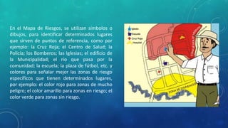 En el Mapa de Riesgos, se utilizan símbolos o
dibujos, para identificar determinados lugares
que sirven de puntos de referencia, como por
ejemplo: la Cruz Roja; el Centro de Salud; la
Policía; los Bomberos; las Iglesias; el edificio de
la Municipalidad; el río que pasa por la
comunidad; la escuela; la plaza de fútbol, etc. y
colores para señalar mejor las zonas de riesgo
específicos que tienen determinados lugares,
por ejemplo: el color rojo para zonas de mucho
peligro; el color amarillo para zonas en riesgo; el
color verde para zonas sin riesgo.
 